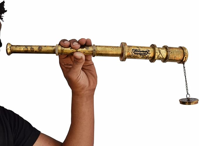 Antique Brass Pirate Telescope Camping Accessories Telescope for Adults Marine Sailor's Spyglass, 18 inch Brass Made w High Resolution Magnification w Brown Leather Case Nautical Gift