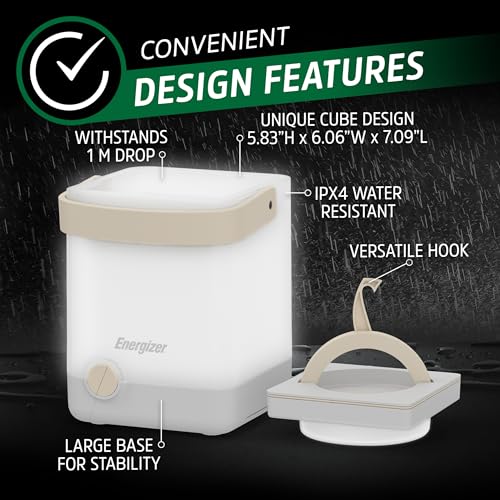 Energizer LightxPower Cube Camping Lantern, X1000 Lantern Dual Power Rechargeable and AA Battery, IPX4 Water Resistant