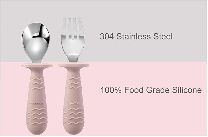 PandaEar 4 Set Baby Toddler Silicone Stainless Steel Utensils Silverware Spoon Fork for Baby Toddler BPA Free with Silicone Holding Anti-Choke Design (Pink&Grey)
