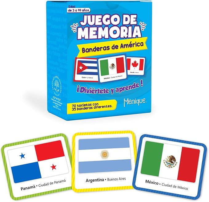 Menique Flags of The Americas Memory Matching Game – Spanish Edition – 70 Cards (35 Pairs) with Flags, Countries & Capitals – Educational Matching Game in Spanish for Kids and Adults