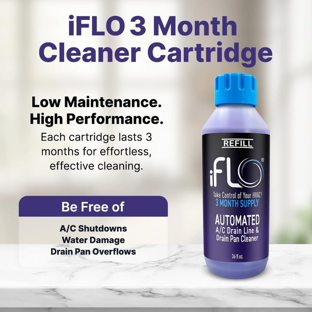 iFLO® Smart A/C Drain Line Cleaner and Drain Pan Cleaner Cartridge, Fast-Acting, Long-Lasting HVAC System Solution for Tough Clogs & Buildup, 3-Month Supply per Bottle, 1 Pack of 36oz