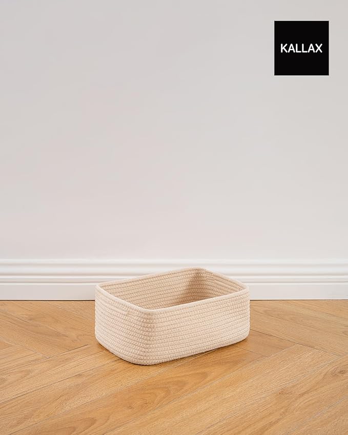 KALLAX Small Woven Basket, 12 x 8 x 4.5 Inches, Storage Basket for Organizing, Cute Small Rope Shelf Closet Cube Storage Bins Baskets for Shelves, Dog Toy Gift Baskets Empty, 3 Packs, Beige