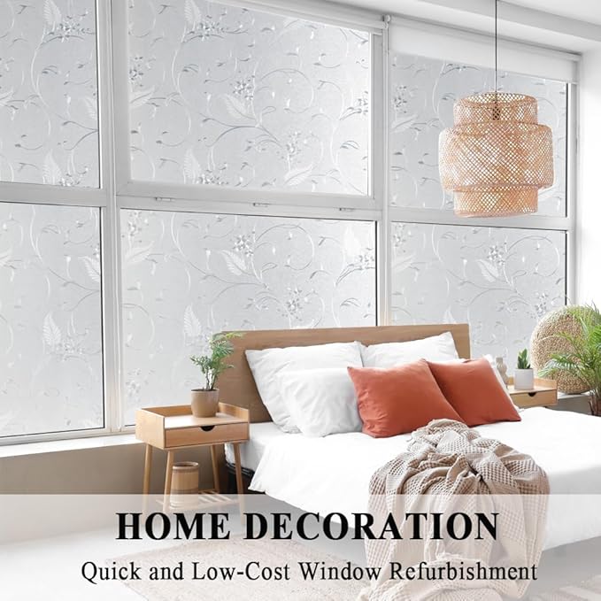 Mikomer Privacy Window Film Etched Flowers Static Cling Glass Door Film, Non Adhesive Heat Control Anti UV Window Cling for Office and Home Decoration,23.6 inches by 118 inches