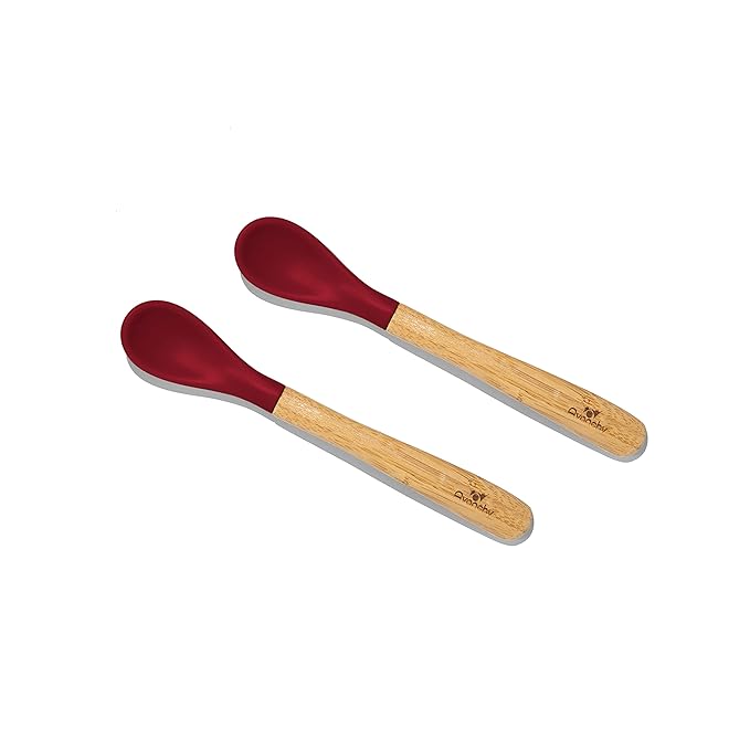Avanchy Bamboo & Silicone Infant Training Spoons, BPA Free - Soft Tip, Easy on Gums, First Stage Feeding Utensils for Baby-Led Weaning, Self-Feeding, Magenta