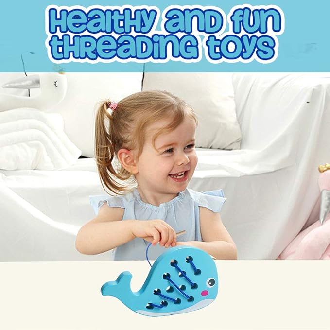 Skrtuan Wooden Lacing Whale Toy - Montessori Travel Puzzle Game with Car & Airplane, Fine Motor Skills Educational Toys for Toddlers 3 4 5 Years