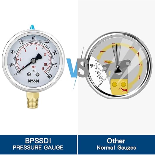 0-160 Psi Glycerin Liquid Filled Low Pressure Gauge, 2.5" Dial Size, 1/4" NPT Lower Mount, 304 Stainless Steel Case, for Water Pump, Pneumatic Air, RV Hose, Gas Pressure Test