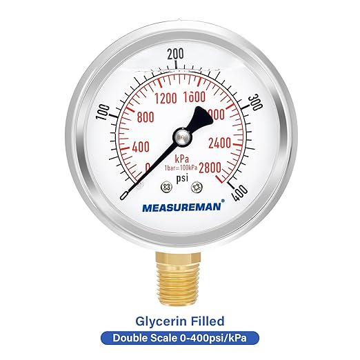 MEASUREMAN 2-1/2" Dial Size, Glycerin Filled Pressure Gauge, 0-400psi/2800kpa, 304 Stainless Steel Case, 1/4" NPT Lower Mount