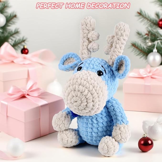 Crochet Animal Kit – 10in Adorable MOOSE, Amigurumi Crochet Kit For Intermediate Advanced level, Kids Knitting Kit with Detailed Videos Tutorials, Yarn, Crochet Hook, Best Gift For Crochet Lovers