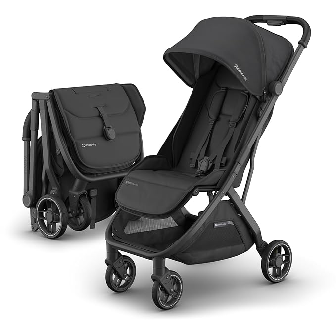 UPPAbaby Minu V3 Travel Stroller | Lightweight + Compact Design | One-Hand Fold + Unfold | from Birth + Overhead Compatible | Jake (Charcoal/Carbon Frame/Black Leather)