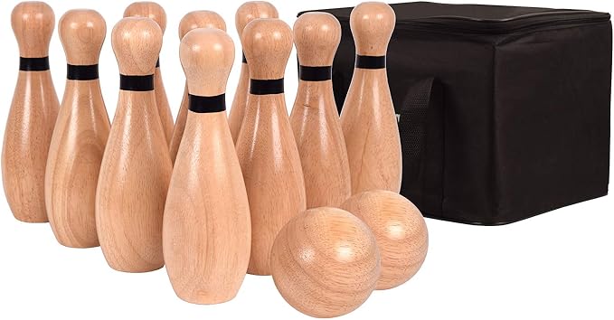 NI-ROU Outdoor Giant Lawn Bowling Games Rubber Wooden Lawn Set Fun Sports Games Outside or Indoor for Family Adults and Kids Backyard Skittles Carrying Bag with 10 Pins and 2 Balls