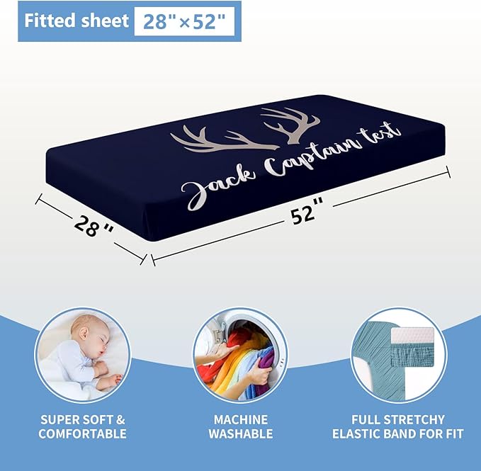 Personalized Baby Bedding Set, 5 Pcs Custom Name Crib Bedding Set, Double Layer Blue Nursery Bedding Set for Baby Boys, Woodland Deer Baby Crib Set, Gifts for Toddlers Infants New Parents