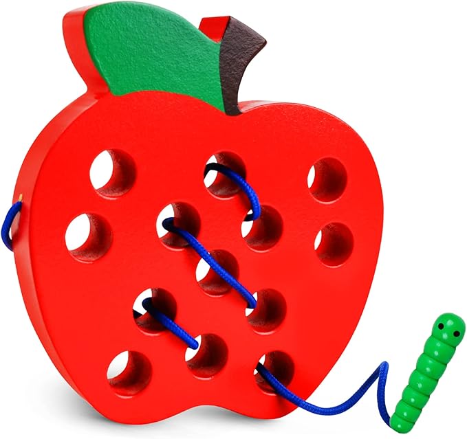 Skrtuan Wooden Lacing Apple Toy for Toddlers 3-5 Years Old, Montessori Fine Motor Skills Threading Puzzle, Educational Travel Gift for Boys & Girls