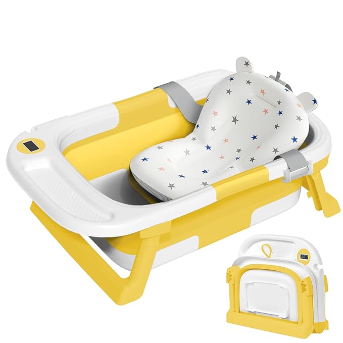 Collapsible Baby Bathtub,Baby Bath Tub with Thermometer & Soft Cushion,Baby Bathtub for Newborn to Toddler 0-36 Months,Portable Travel Baby Tub with No-Slip Feet,Baby Shower Gifts,Yellow
