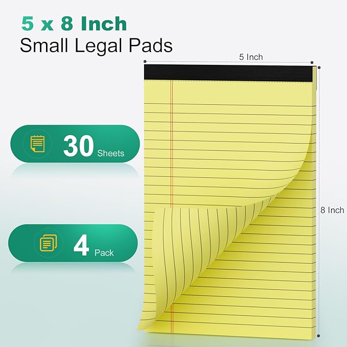 Legal Pads 5x8 Inch, 4 Pack, Narrow Ruled, 5x8 Yellow Legal Pad, Mini Double-Sided Printing Notepad Perforated Note Pads 5x8" Lined Paper, Lined Writing Pads for Office Home School, 30 Sheet/Pad