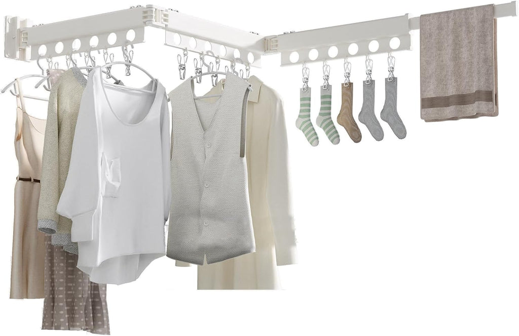 Clothes Drying Rack Foldable Wall Mounted Drying Rack 3 Fold White-Laundry Drying Rack Durable Clothing Racks for Hanging Clothes