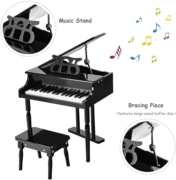 Goplus 30-Key Classical Kids Piano, Mini Grand Piano Wooden Learn-to-Play Musical Instrument Toy with Bench, Piano Lid, Music Rack, Gift for Boys Girls Aged 2+ Baby Tollder(3 Straight Leg-Black)