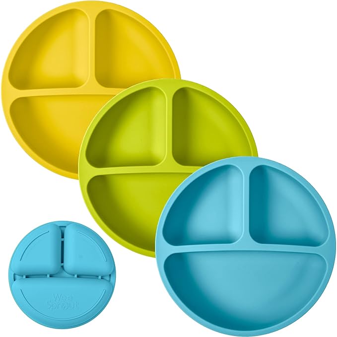 WeeSprout Silicone Plates for Babies & Toddlers (3 Pack) 100% Food-Grade Dishes for Self Feeding, Divided Design & Raised Edges for Picky Eaters, Dishwasher & Microwave Safe Weaning Supplies