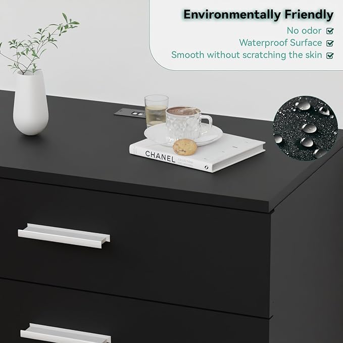 Dresser with Power Outlets Wooden 4 Drawer Dresser with USB and Type C Port Chest of Drawers for Bedroom Tall Black Organizer Storage for Living Room Hallway Closet