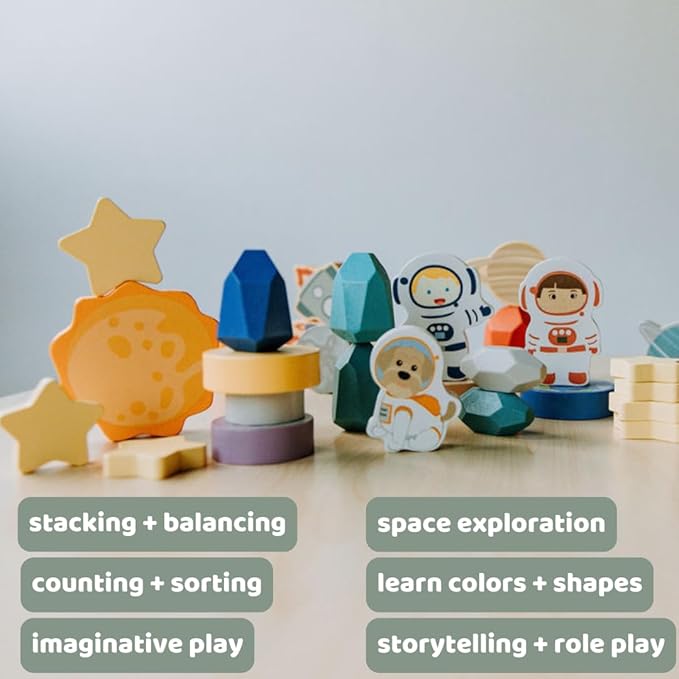 Toddler 30 Piece Stacking Wood Blocks Space Gift - Montessori 2 Year Old Fine Motor Skills Toy Learning Stacking Shape Sorter Sensory Preschool Busy Journey to the Moon (Block Set, Wood)