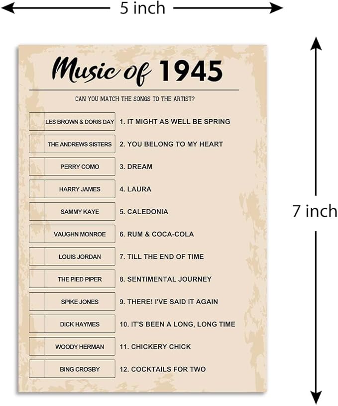 80th Birthday Party Games, Music of 1945 Games, Birthday Party Supplies for Adults, Fun 1945s Party Game，Pack of 30 Cards