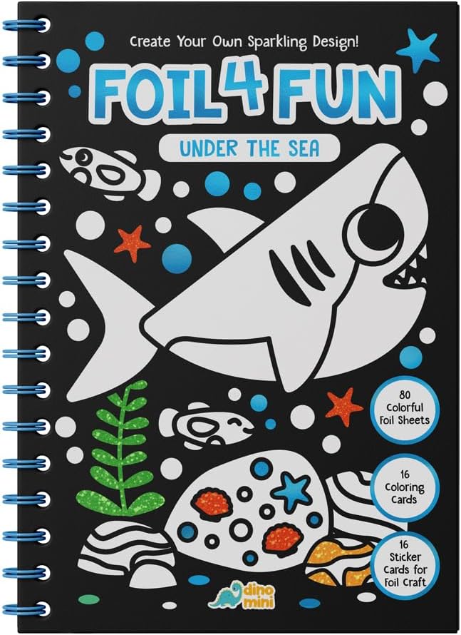 DINO MINI Foil4Fun - Foil Art for Kids - Craft Kits for Kids Ages 4-8 - Includes 16 Foil Art Pages and 16 Coloring Pages - Screen Free Birthday Gifts - Airplane and Travel Activities (Under The Sea)
