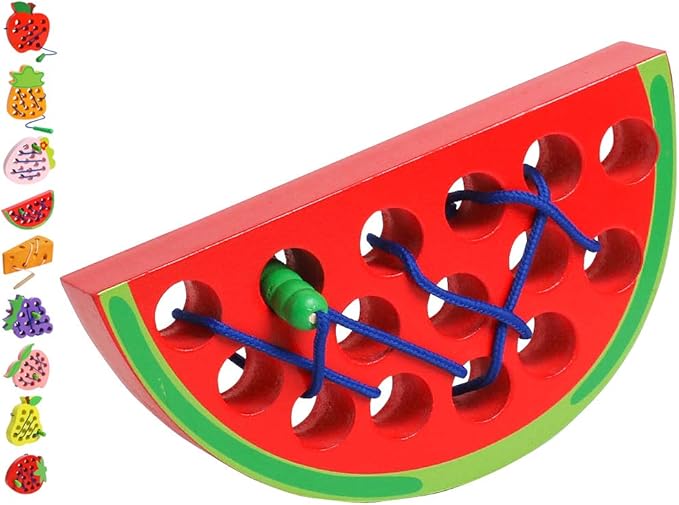 Skrtuan Wooden Lacing Threading Toys Wood Block Puzzle Car Airplane Travel Game Montessori Early Development Fine Motor Skills Educational Gift for 3 4 5 Years Old Toddlers Baby Kids, 1 Watermelon