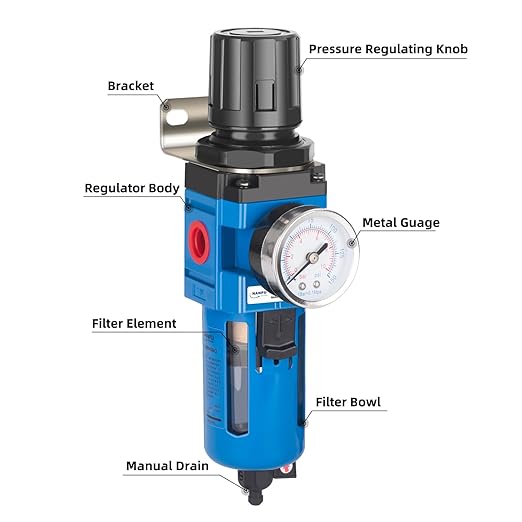 NANPU 1/2" NPT Compressed Air Filter Regulator Combo Piggyback, 5 Micron Brass Element, Poly Bowl, Manual Drain, Metal Bracket, 0-150 psi Gauge - AW4000-04M