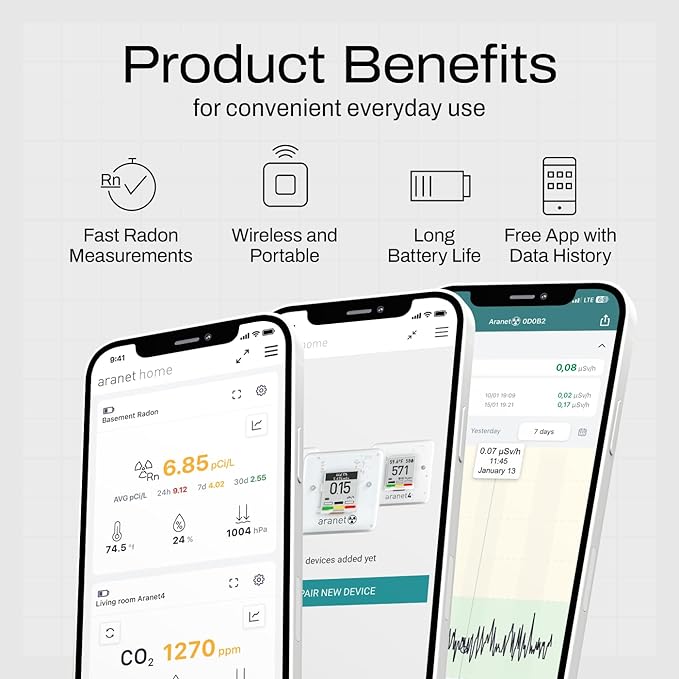 Radon One – Fast Home Radon Detector with 10-Minute Response, E-Ink Display, Battery Powered, Portable Real-Time Radon Monitor for Basements & Indoor Air Monitoring (Yellow)