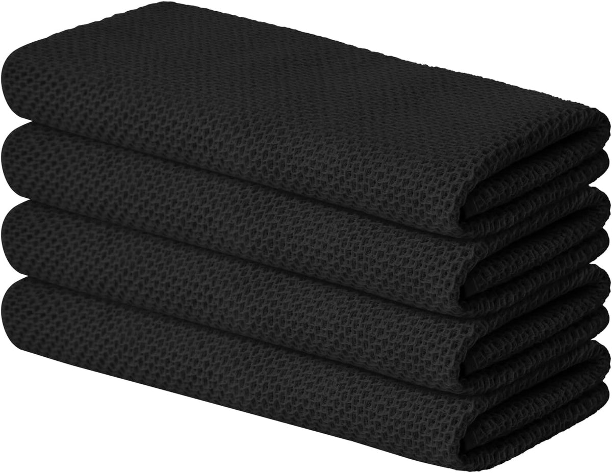 Artoid Mode 100% Cotton Black Waffle Weave Kitchen Dish Cloths, 13x28 Inch Ultra Soft Absorbent Quick Drying Kitchen Dish Towels Set of 4