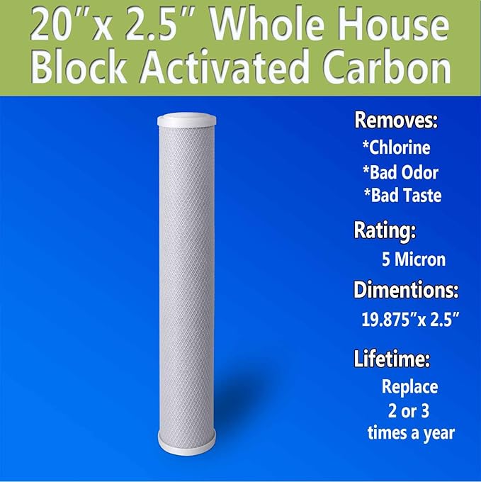 Standard Whole House Coconut Shell Carbon Block 5 Micron Water Filter 20” x 2.5” Fits 20” x 2.5” Housings. Remove Chlorine and Bad Odor. Compatible with C1-20, HX-CB-25-2010, F3WCB32 Pack of 4