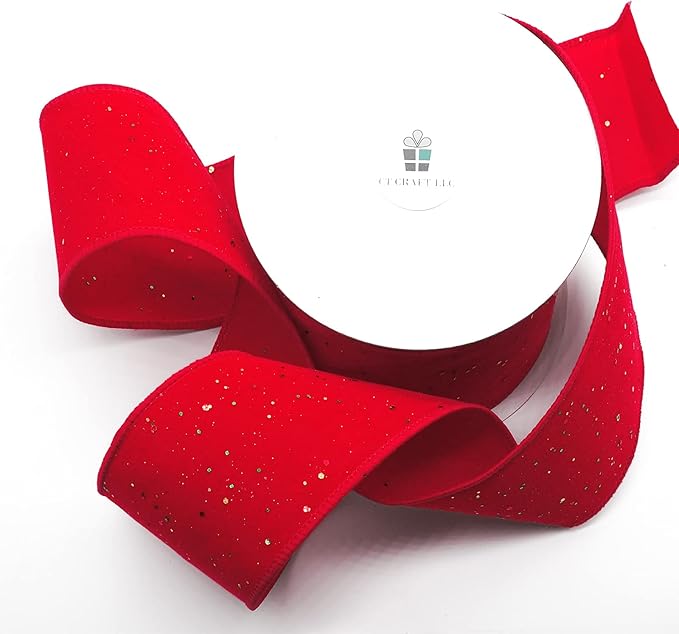CT CRAFT LLC Red Velvet with Confetti Glitter Wired Ribbon 2.5 Inch x 10 Yards for Christmas Home Decor Tree Topper Bow Gift Wrapping DIY Crafts Wreath Garland
