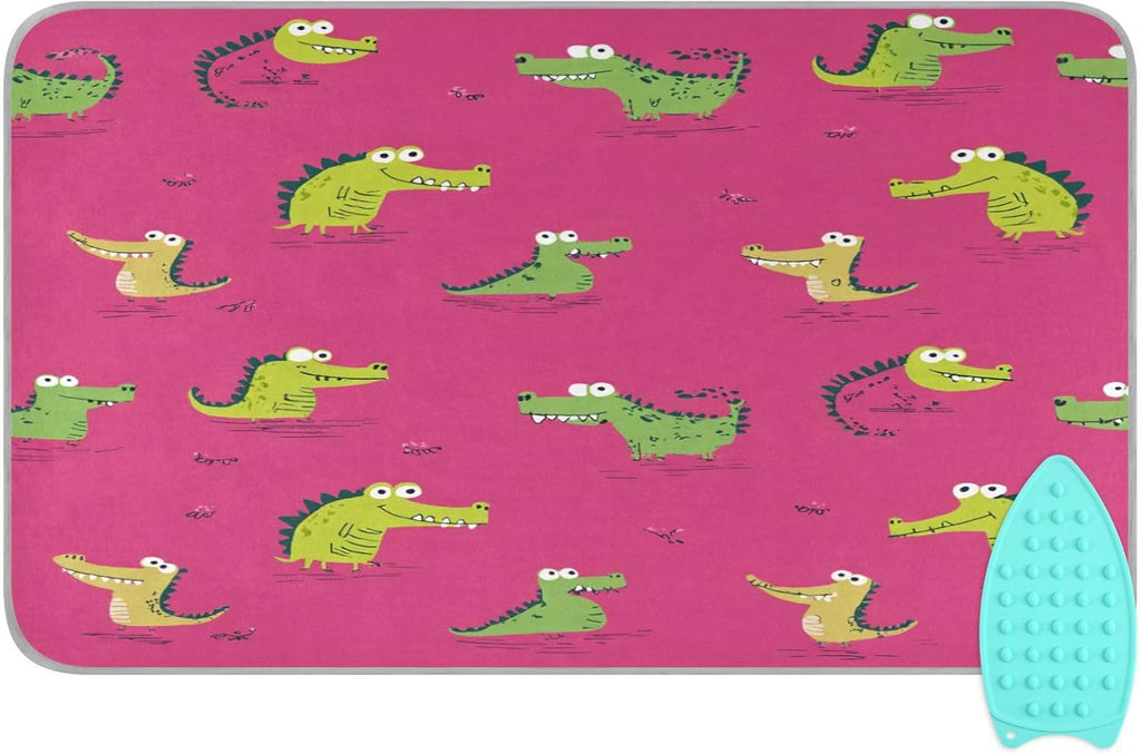 Pink Funny Crocodiles Ironing Mat Thickened Ironing Blanket Travel Portable Double-Side Using Ironing Pad Travel Isolate Heat Pad Cover for Washer Dryer Table Top Countertop 27.6x47.2in