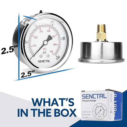 SENCTRL 0-100 Psi Glycerin Liquid Filled Low Pressure Gauge, 2.5" Dial Size, 1/4" NPT Back Mount, Stainless Steel Case, for Water Pump, Pneumatic Air, Well, RV Hose Tank, Pressure Test