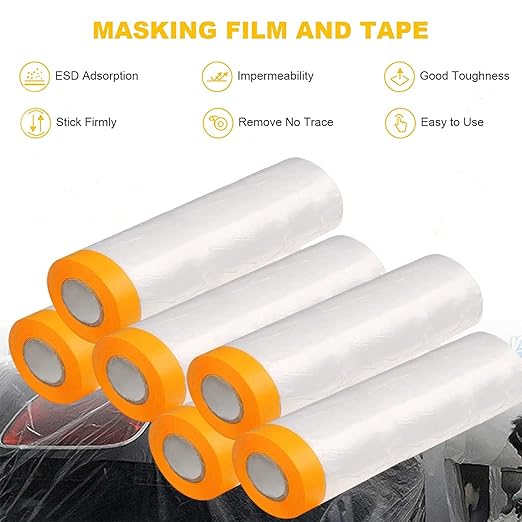 Painters Plastic With Tape, Pre-Taped Masking Film, 6 Rolls Automotive Best Tape and Drape, Paint Adhesive Protective Film Roll for Covering Skirting, Frames, Cars and Auto Body (5 X 65-Feet) (6)