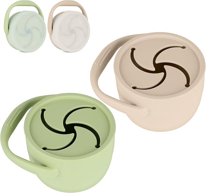 Silicone Snack Cups for Toddlers, Snack Containers with Lids, Foldable Baby Food Catcher with Holders and Dustproof Lid, 2 Pack (Color 3)