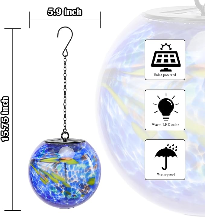 Solar Hanging Lanterns Outdoor Solar Glaze Glass Lantern Globe Hanging Outdoor Lights for Garden Yard Home Decoration Blue