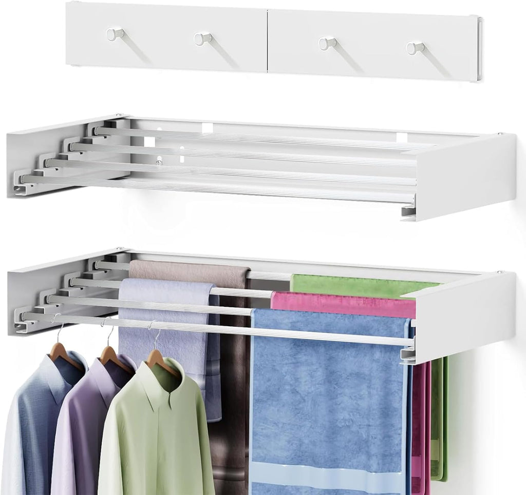 Clothes Drying Rack 20 inches Foldable Wall Mount Laundry Rack Folding Indoor Drying Rack Clothing Collapsible Hidden Space Saver with Wall Template 6 Rods White