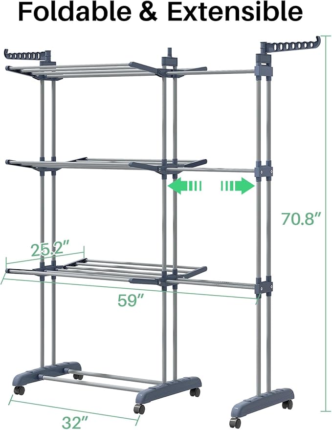 Kitstorack Clothes Drying Rack - Foldable Movable Clothes Rack Drying 30.0" W to 59.0" W Extensible Drying Rack Clothing Oversized 4-Tier Stainless Steel Large Clothes Rack Drying Indoor and Outdoor