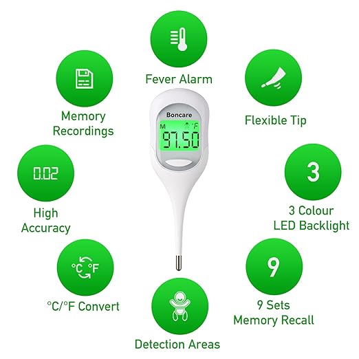 Boncare 9 Seconds Digital Basal Thermometer - Accurate Oral & Rectal Thermometer for Adults & Kids, Fever Alarm, Large Display (White)