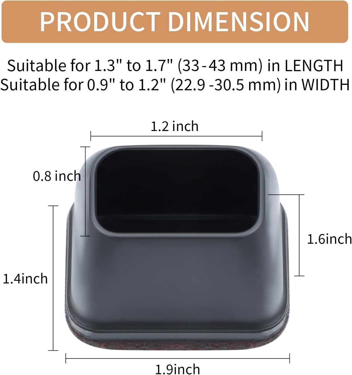 Ezprotekt 16 Pcs Rectangle Silicone Chair Leg Floor Protectors, Felt Rectangle Black Furniture Leg Cap Covers for Chair Table Desk - Anti- Scratches (Fit L :1.3-1.7", W: 0.9-1.2")