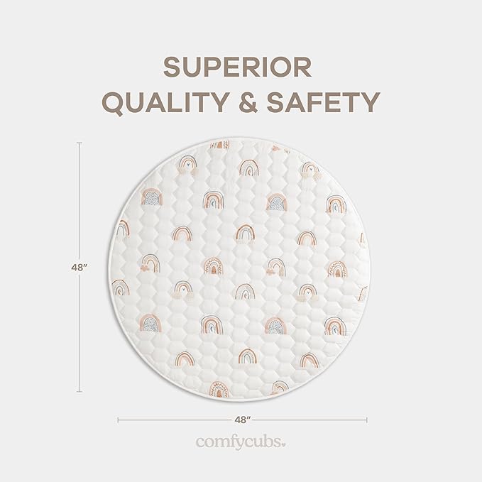 Comfy Cubs Round Kids Play Mat - Medium 48 inches Soft Quilted Baby Floor Mat with Non-Slip Bottom - Plush Design for Toddlers' Playtime and Relaxation - Comfortable and Durable - Rainbow