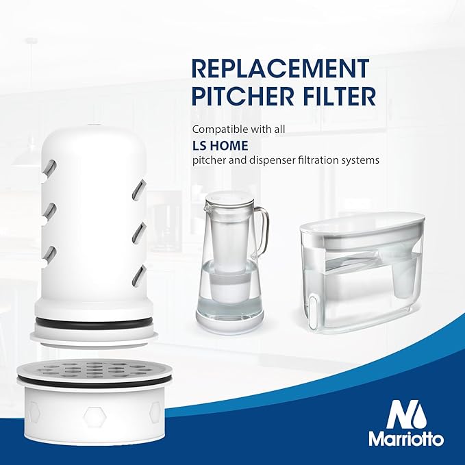 MARRIOTTO Water Filter Replacement for LS Home & GLACIER FRESH Glass Pitcher 7 Cup/Plastic Pitcher, 1 Membrane Micro Filter and 6 Activated Carbon + Ion Exchange Filter