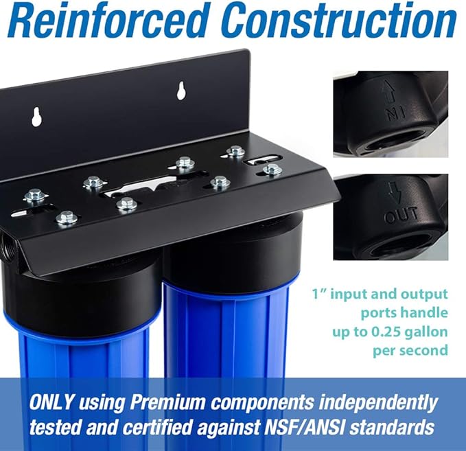 iSpring WGB22BM+AHPF12MNPT16X2 2-Stage Whole House Water Filtration System with 20” x 4.5” Carbon Block and Iron & Manganese Reducing Filters and 3/4" Push-fit Stainless Steel Hose Connectors, Blue