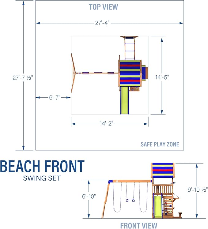 Backyard Discovery Beach Front Cedar Wood Swing Set with Wave Slide, Play Deck, Monkey Bars, Rock Wall Ladder, Shaded Picnic Area, Snack Bar, Belt Swings, Trapeze, Sandbox Area, Outdoor Playset