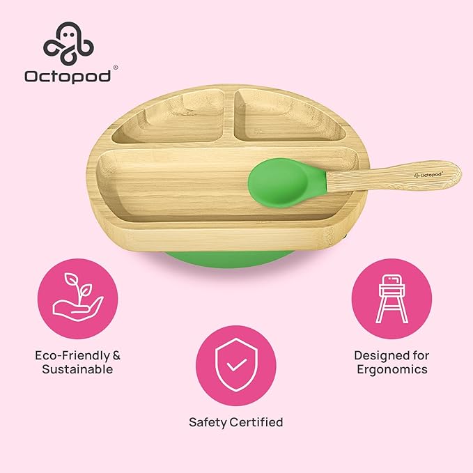 Abiie Octopod Bamboo Dish - Kids Plates for 4 months and up, 3-Compartment Baby Plates with Suction, Triangle Bamboo Baby Plate, Mess-Free Toddler Suction Plates, Baby Feeding Supplies, 8.3x1.9x7.7 in