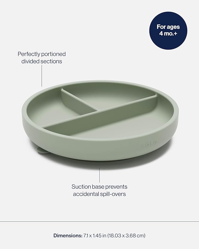Lalo Suction Plates - 2 Pack, 100% Silicone Non-Toxic BPA-Free Baby Plates with Suction Base To Prevent Accidental Tip-Overs - Suction Plates for Toddlers With Three Divided Sections - Sage