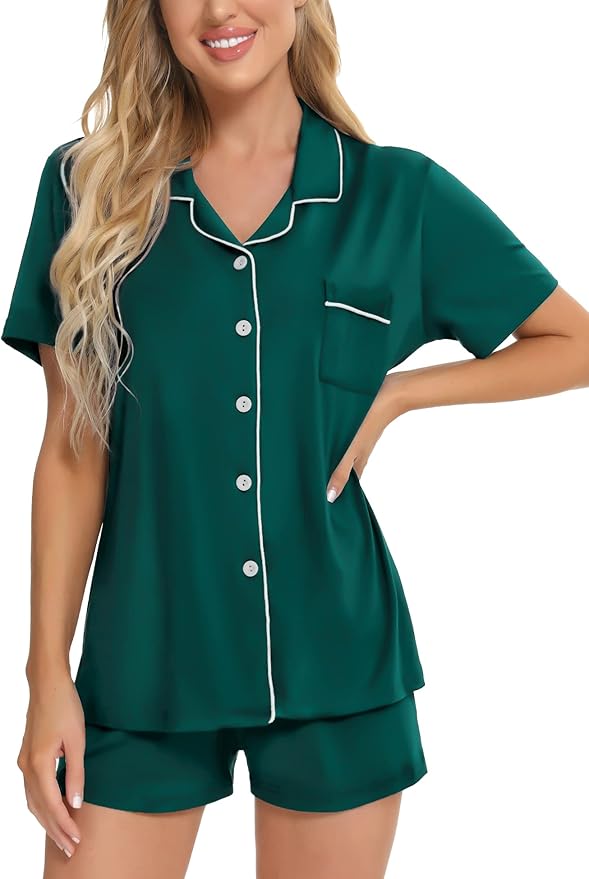 SWOMOG Womens Button Down Pajamas Set Short Sleeve Sleepwear Bride Soft Pj Lounge Sets XS-3XL