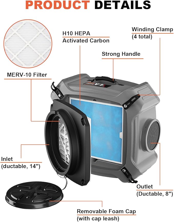Abestorm 750 CFM Air Scrubber with UV-C Light 4 Stage Filtration System, HEPA/Activated Carbon Filter, MERV-10 Pre-Filter, Industrial Commercial Negative Air Machine Cleaner, V1