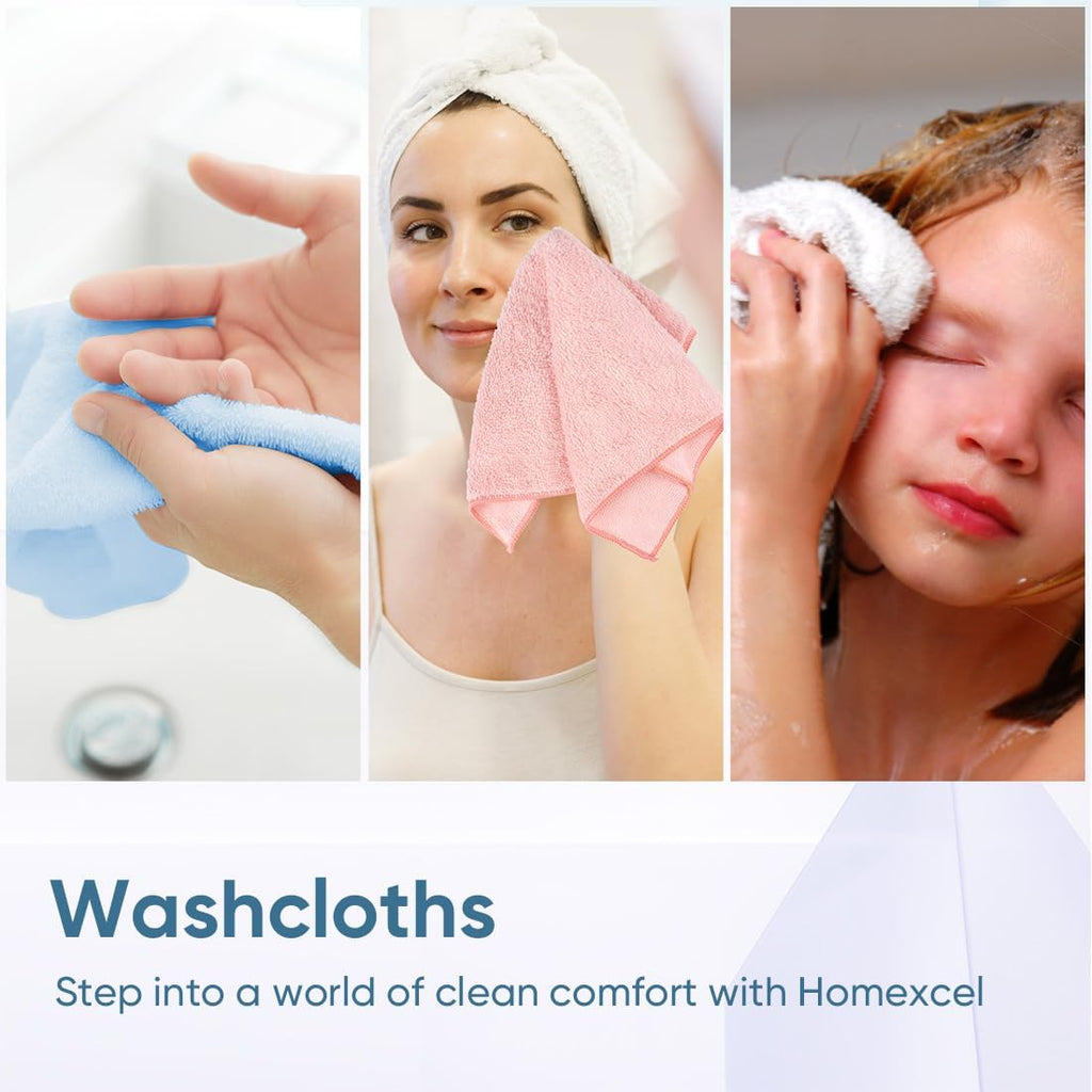 HOMEXCEL Microfiber Washcloths 24 Pack, Highly Absorbent and Soft Face Towel, Multi-Purpose Wash Cloths for Bathroom, Hotel, Spa, Gym, and Kitchen, 12x12 Inch