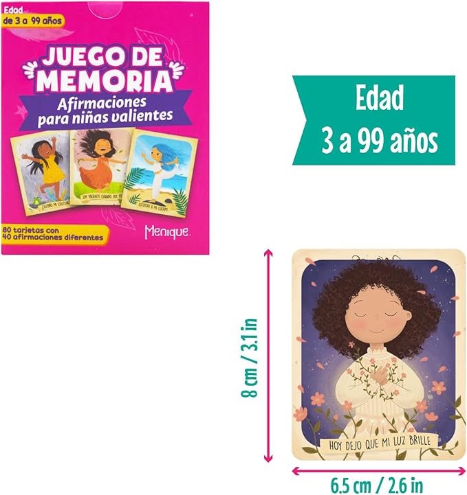 Menique Brilla Memory Matching Game – Spanish Edition – 80 Cards (40 Pairs) with Positive Affirmations for Brave Girls – Mindful Matching Game in Spanish for Confidence and Self-Love
